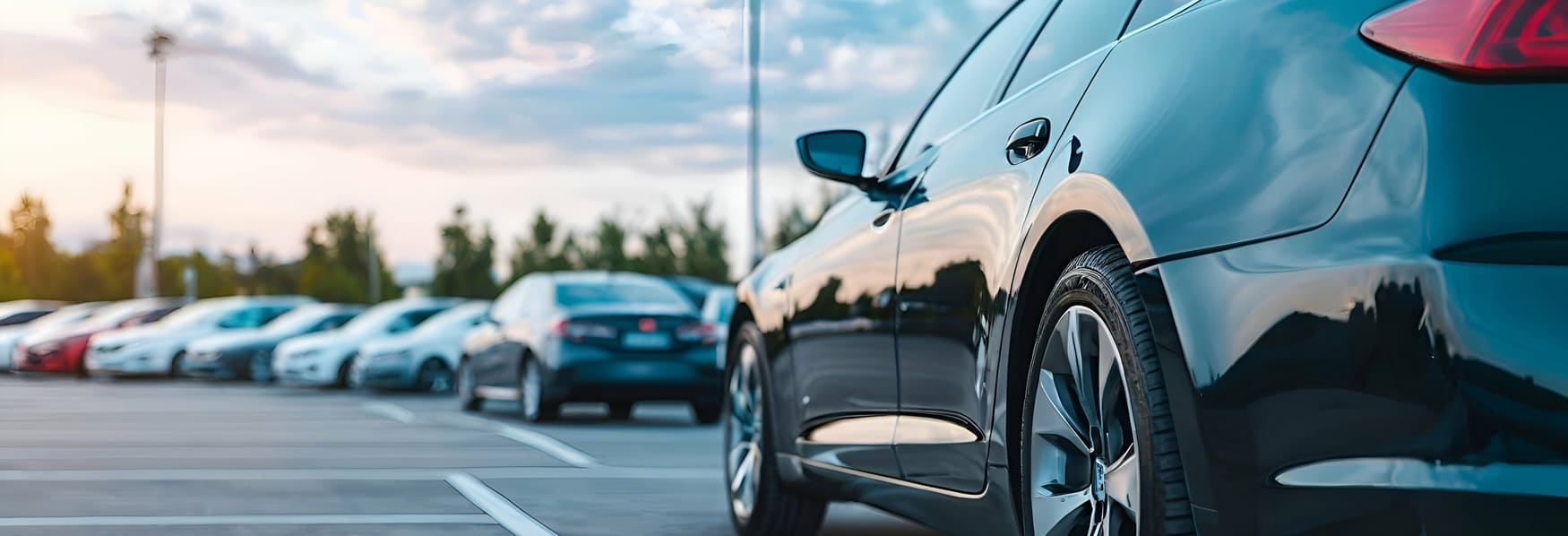 黒い車と他にいっぱいの車が駐車場にある写真